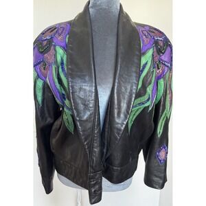 Vtg 80's Erez Flaming Irises Leather Jacket M Moto Snakeskin‎ Trim Colorful Art
